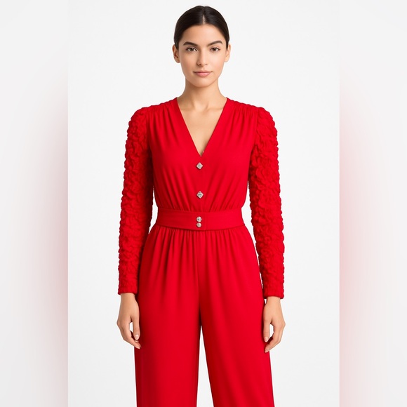 Vintage Claralura Red‎ Jumpsuit L/S Rhinestone Button Lace Sleeve USA 80s Glam - Picture 3 of 12